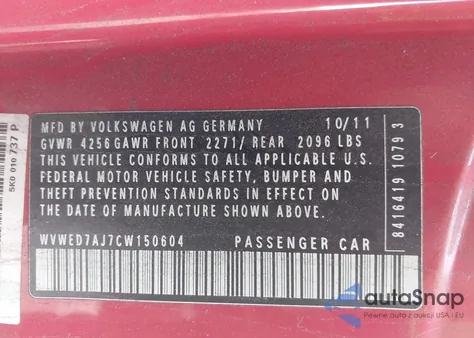 2012 Volkswagen Gti 2-Door/2-Door Autobahn из США, поврежденный, VIN WVWED7AJ7CW150604